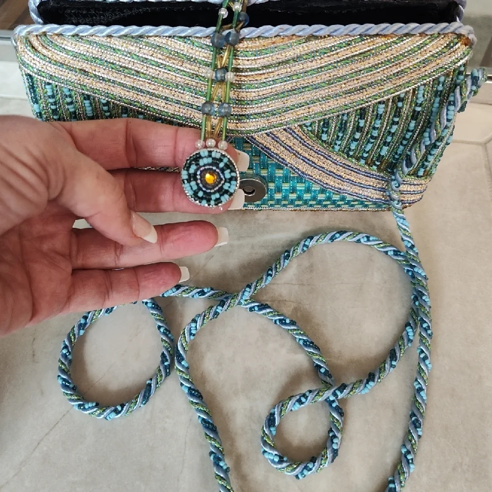 Mary Frances Turquoise and Gold Beaded Clutch - Picture 2 of 11